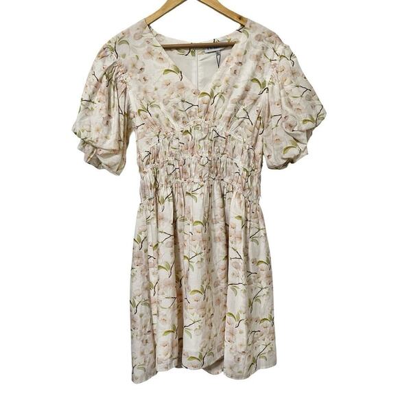 En Saison Callie Floral Mini Dress Size L Peony Green Puff Sleeve Feminine Event - Picture 1 of 8